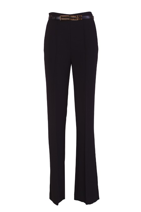Shop ELISABETTA FRANCHI  Trousers: Elisabetta Franchi straight trousers in stretch crêpe with belt.
Monogram satin lining.
Invisible zip on her side.
Removable belt with golden metal buckle.
Composition: 95% Polyester, 5% Elastane.
Made in Italy.. PA03442E2-110